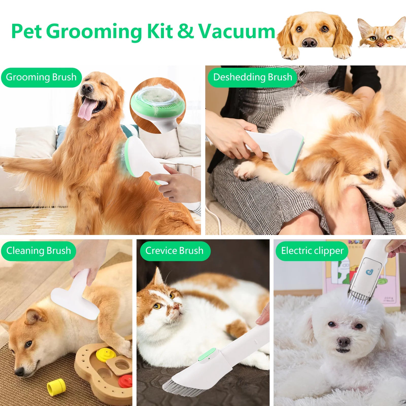 Dog Grooming Kit with 2L Vacuum Suction 99% Pet Hair-Professional Pet Grooming Vacuum Kit with 5 Grooming Tools for Dogs Cats